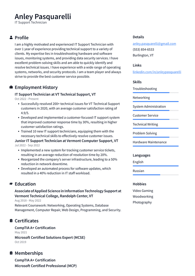 Netflix IT Support Technician Resume Example