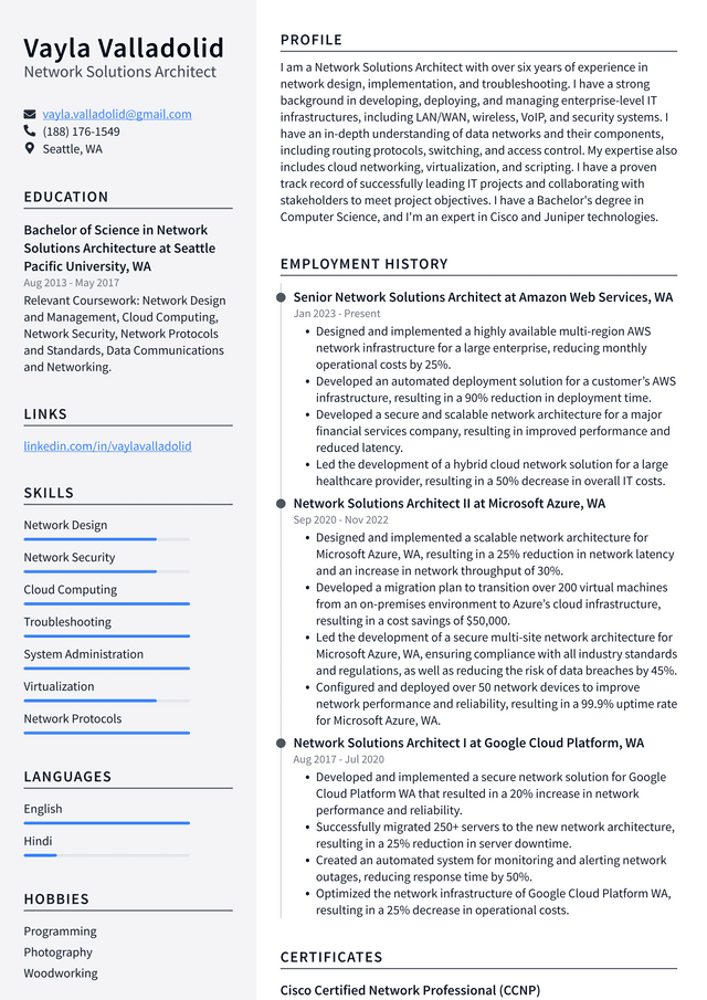 Netflix Network Solutions Architect Resume Example