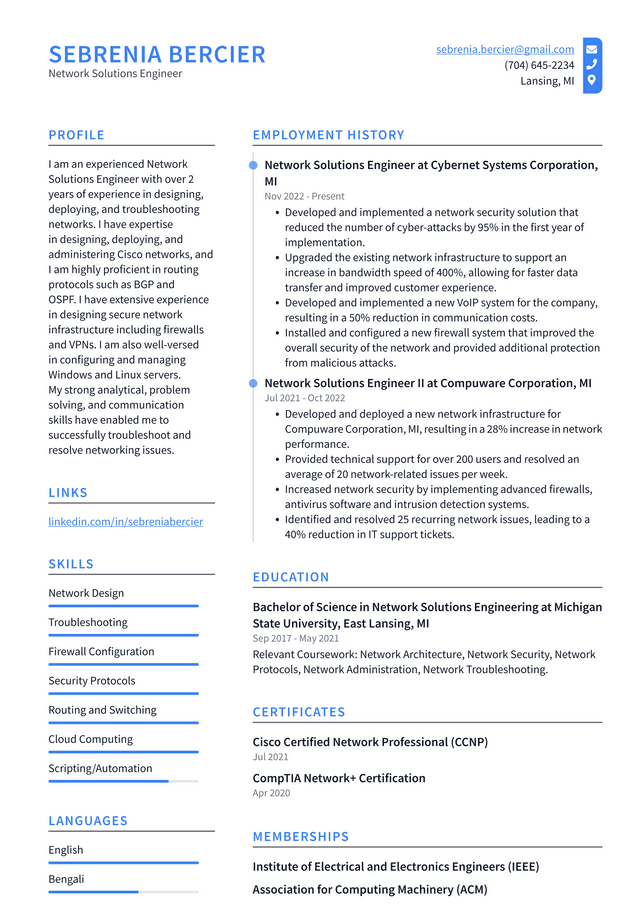 Netflix Network Solutions Engineer Resume Example