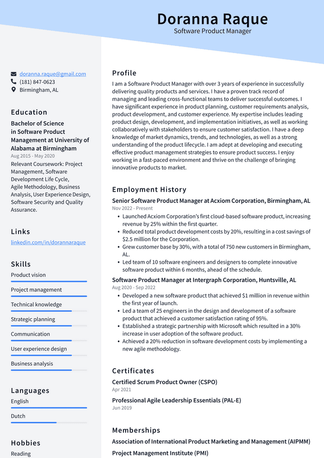 Netflix Software Product Manager Resume Example