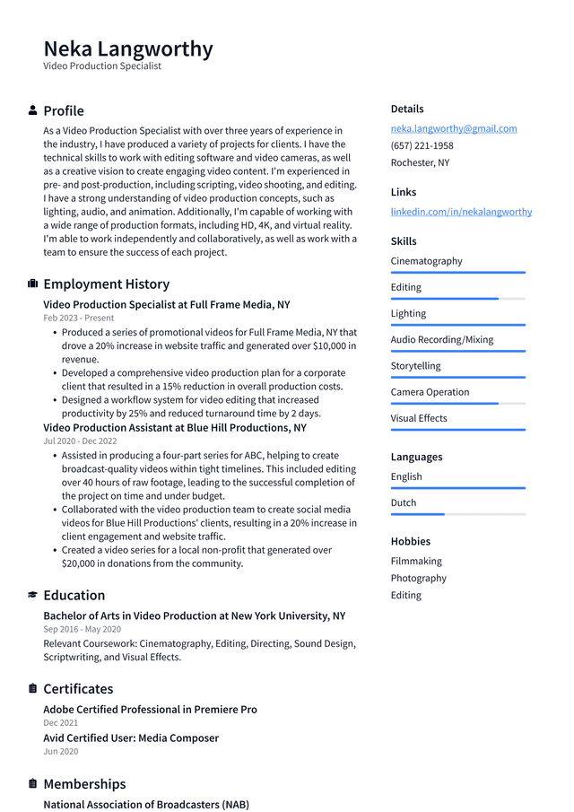 Netflix Video Production Specialist Resume Example