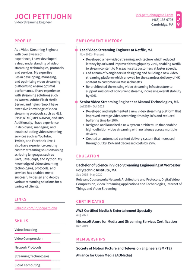 Netflix Video Streaming Engineer Resume Example