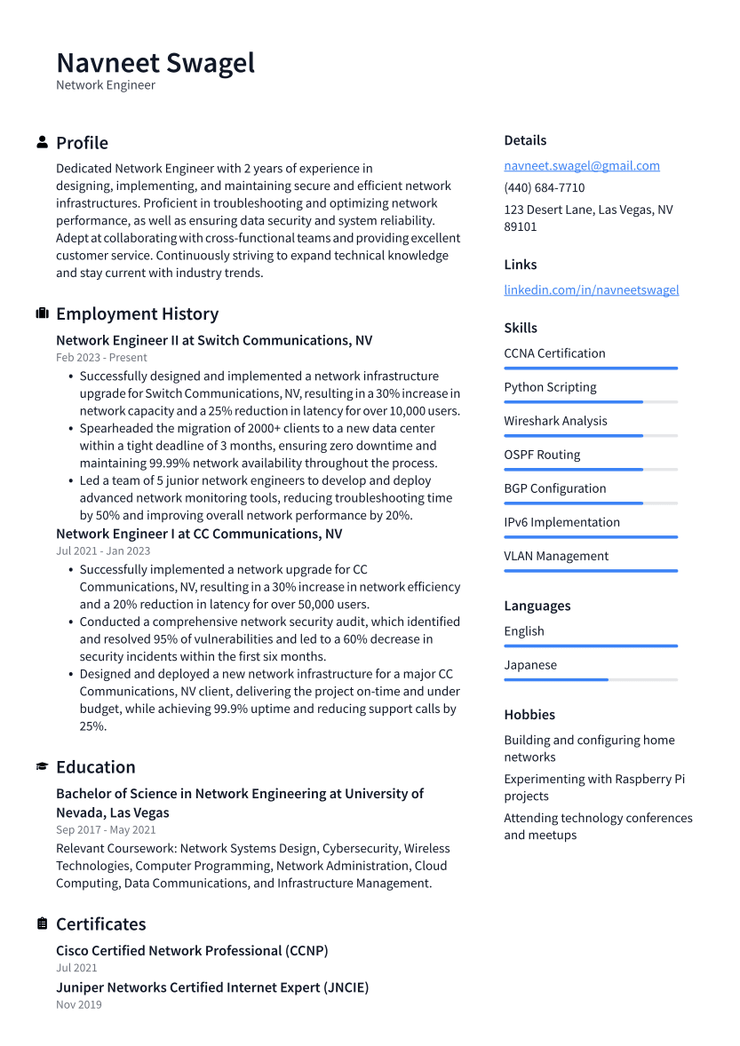 Network Engineer Resume Example