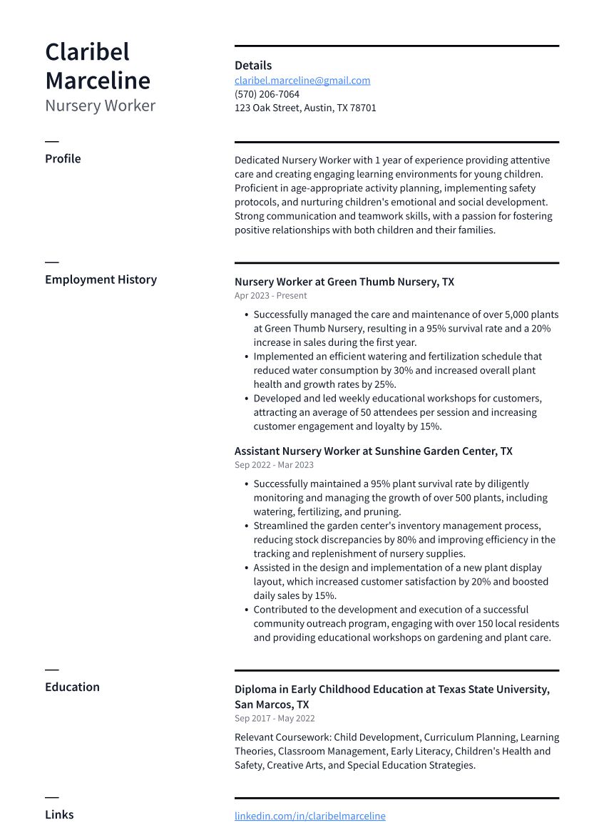 Nursery Worker Resume Example