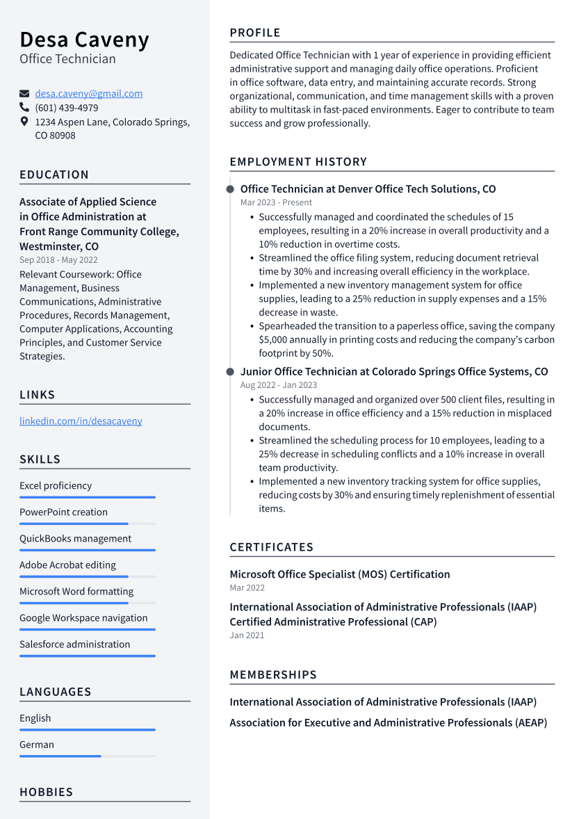 Office Technician Resume Example