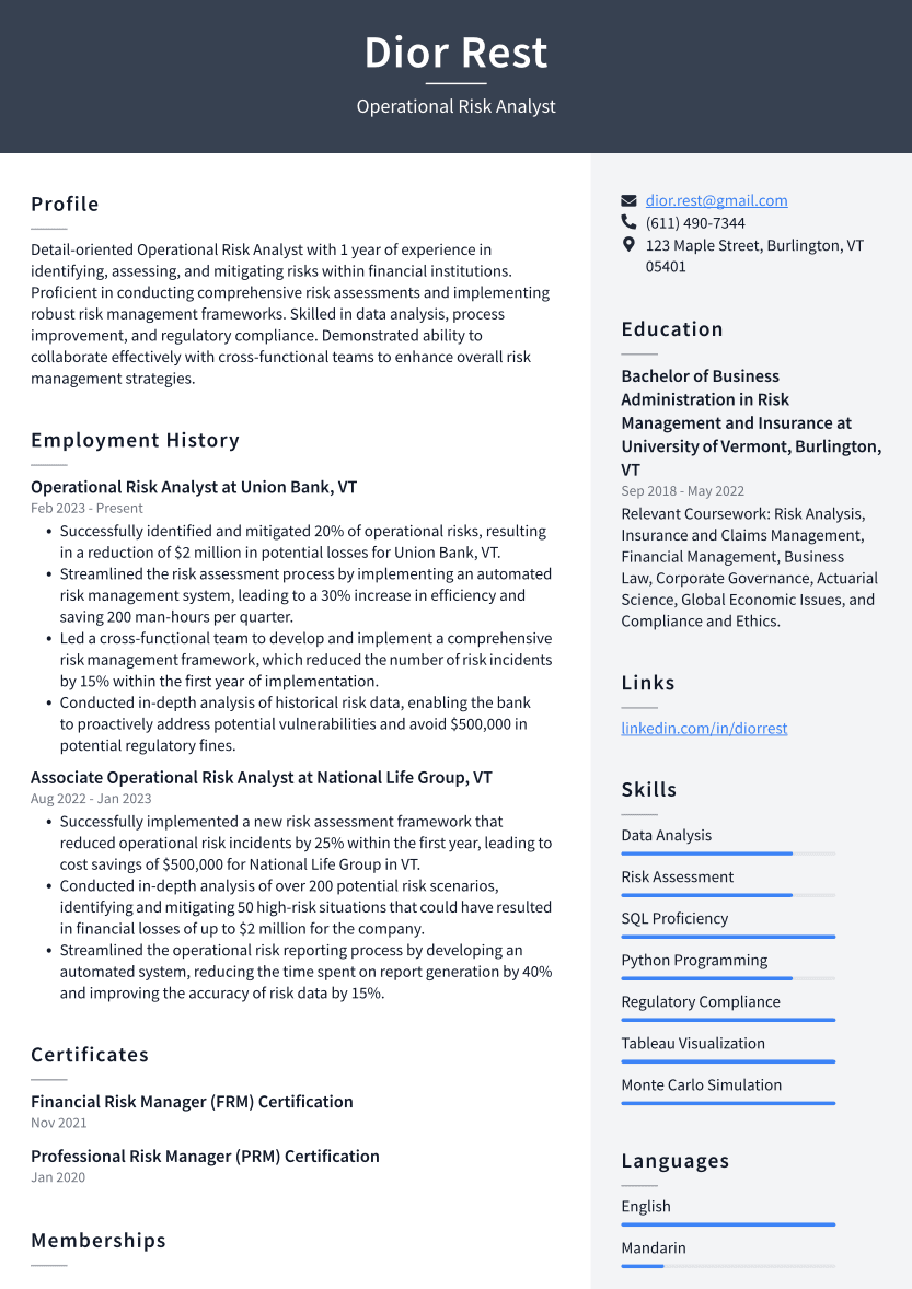 Operational Risk Analyst Resume Example