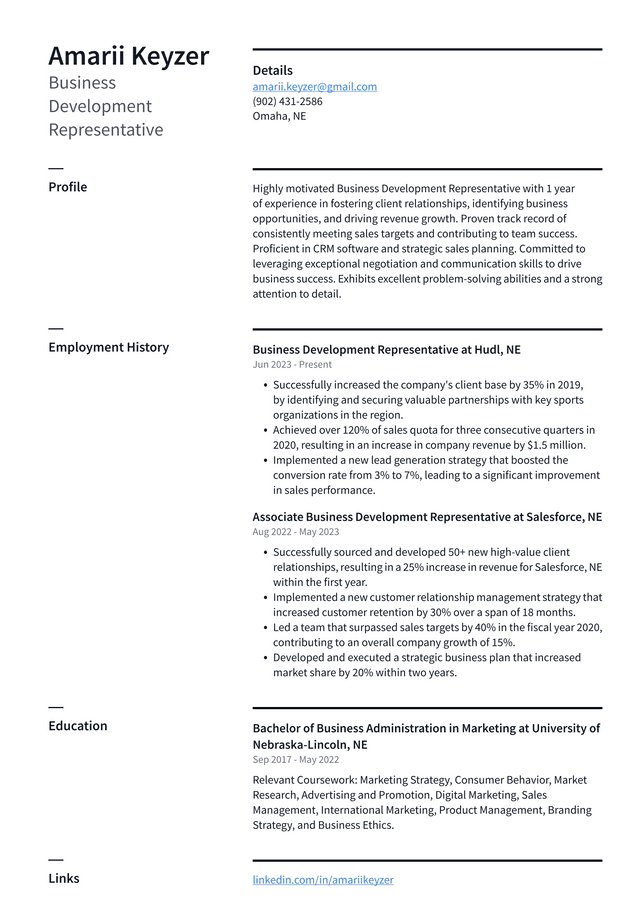 Oracle Business Development Representative Resume Example