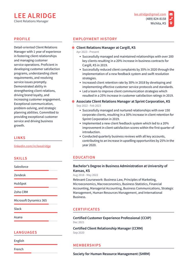 Oracle Client Relations Manager Resume Example