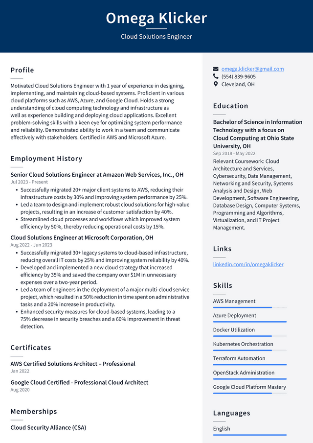 Oracle Cloud Solutions Engineer Resume Example