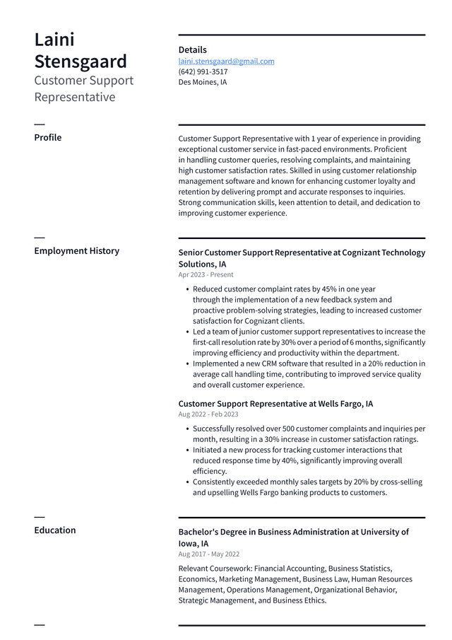 Oracle Customer Support Representative Resume Example