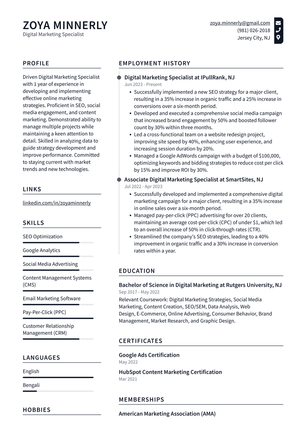 Oracle Digital Marketing Specialist Resume Examples