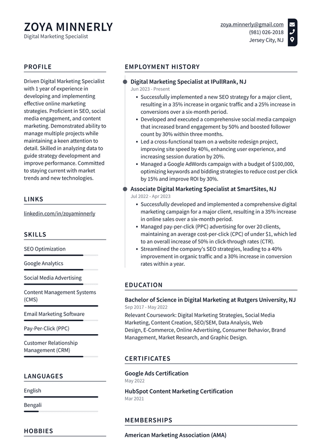 Oracle Digital Marketing Specialist Resume Example