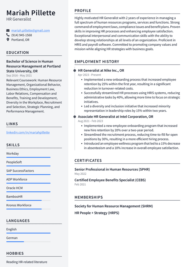 Oracle HR Generalist Resume Example