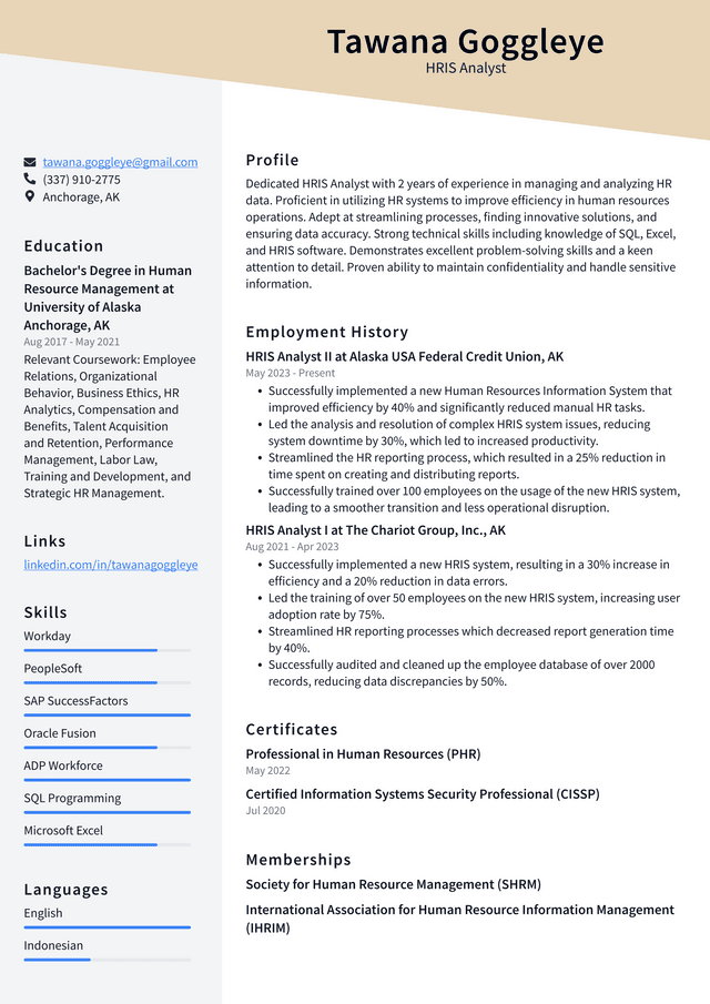 Oracle HRIS Analyst Resume Example