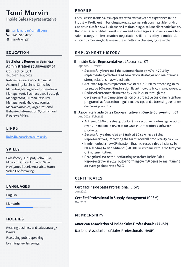 Oracle Inside Sales Representative Resume Example