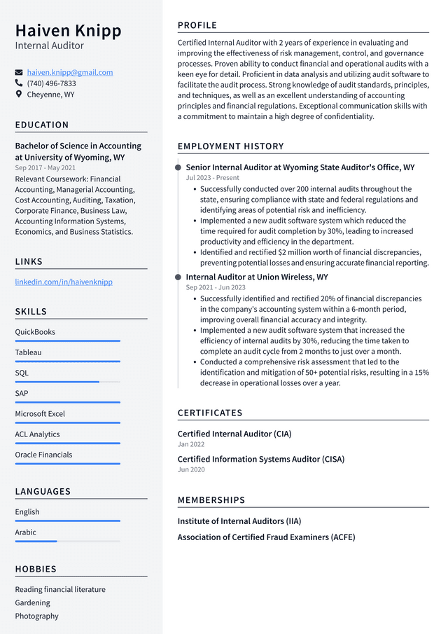 Oracle Internal Auditor Resume Example