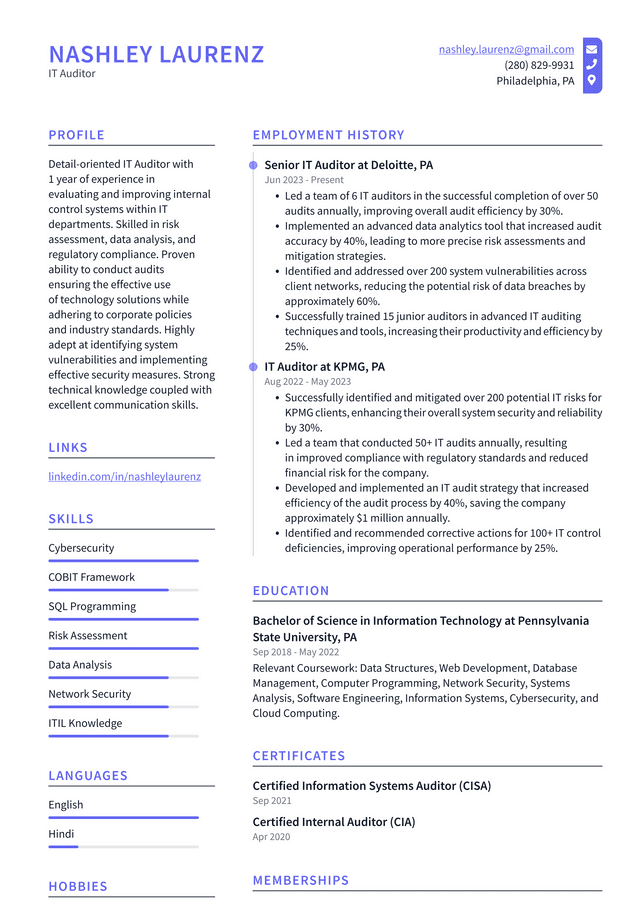 Oracle IT Auditor Resume Example