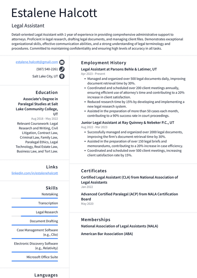 Oracle Legal Assistant Resume Example