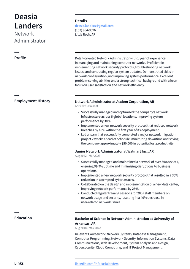 Oracle Network Administrator Resume Example