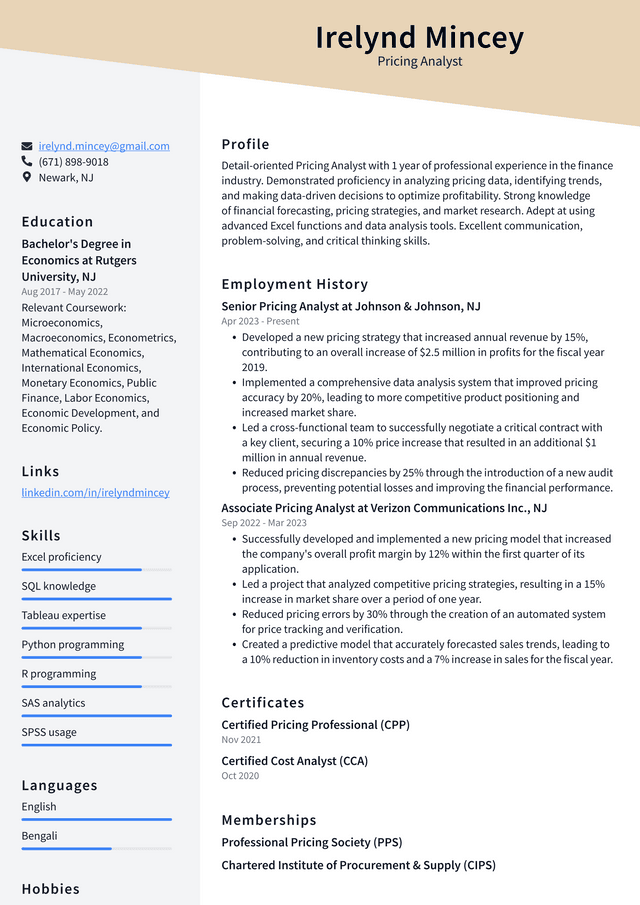 Oracle Pricing Analyst Resume Example