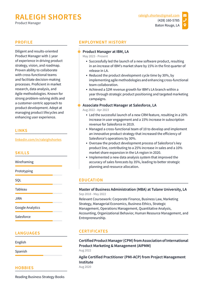 Oracle Product Manager Resume Example