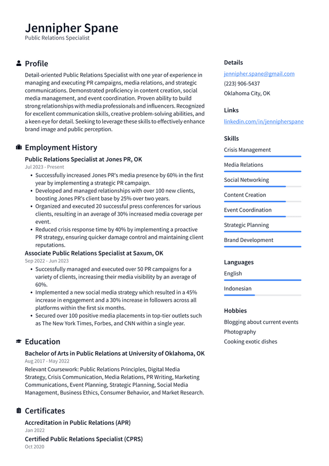 Oracle Public Relations Specialist Resume Example