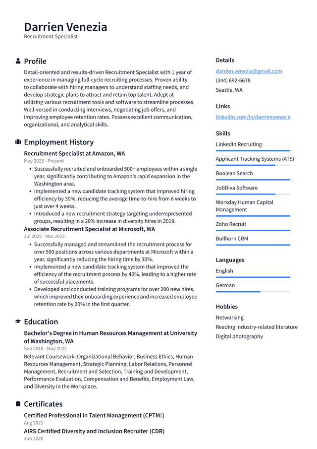 Oracle Recruitment Specialist Resume Example