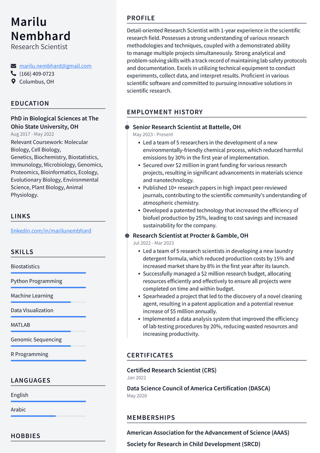 Oracle Research Scientist Resume Example