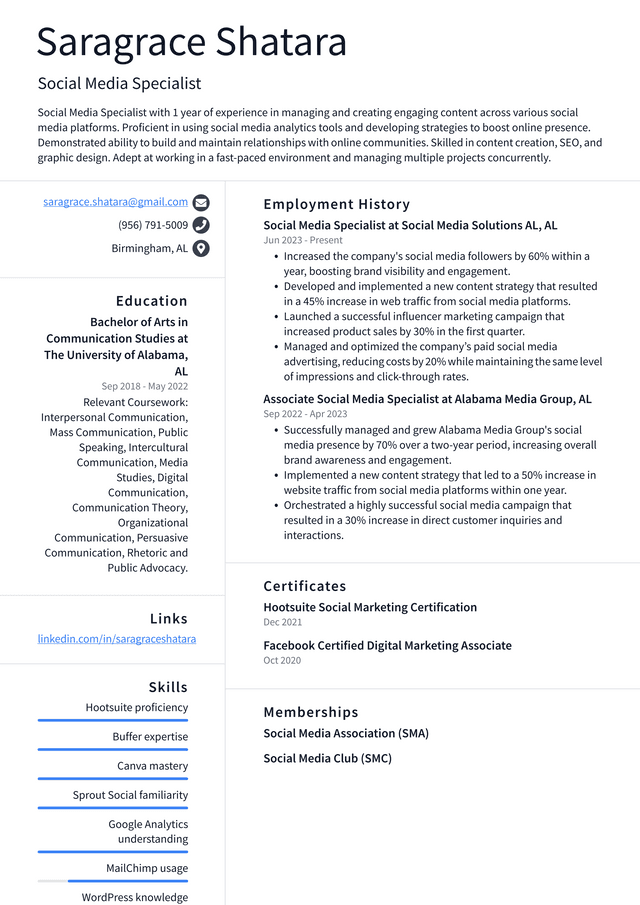 Oracle Social Media Specialist Resume Example