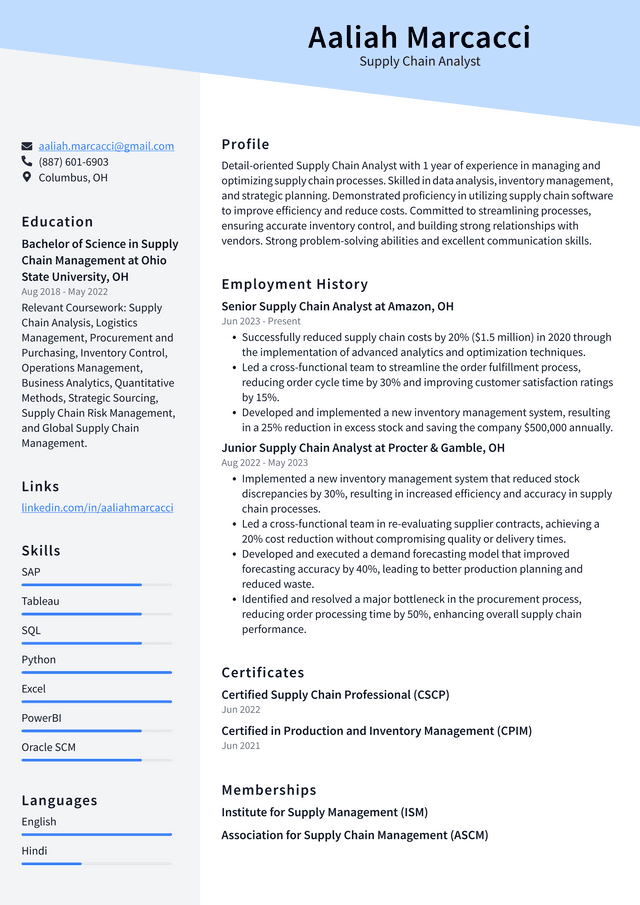 Oracle Supply Chain Analyst Resume Example
