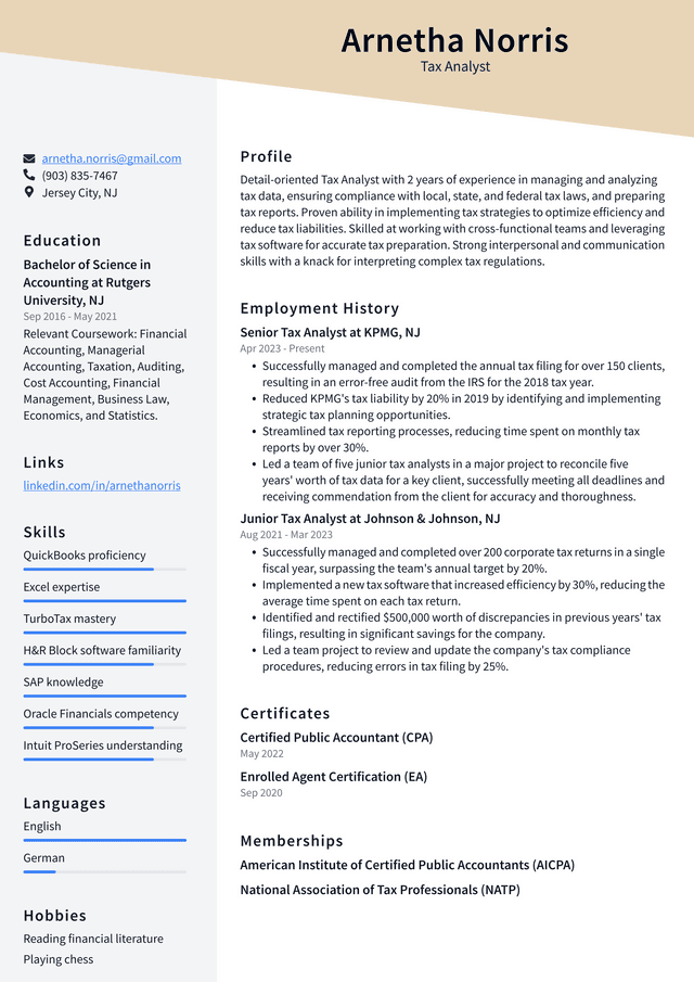 Oracle Tax Analyst Resume Example