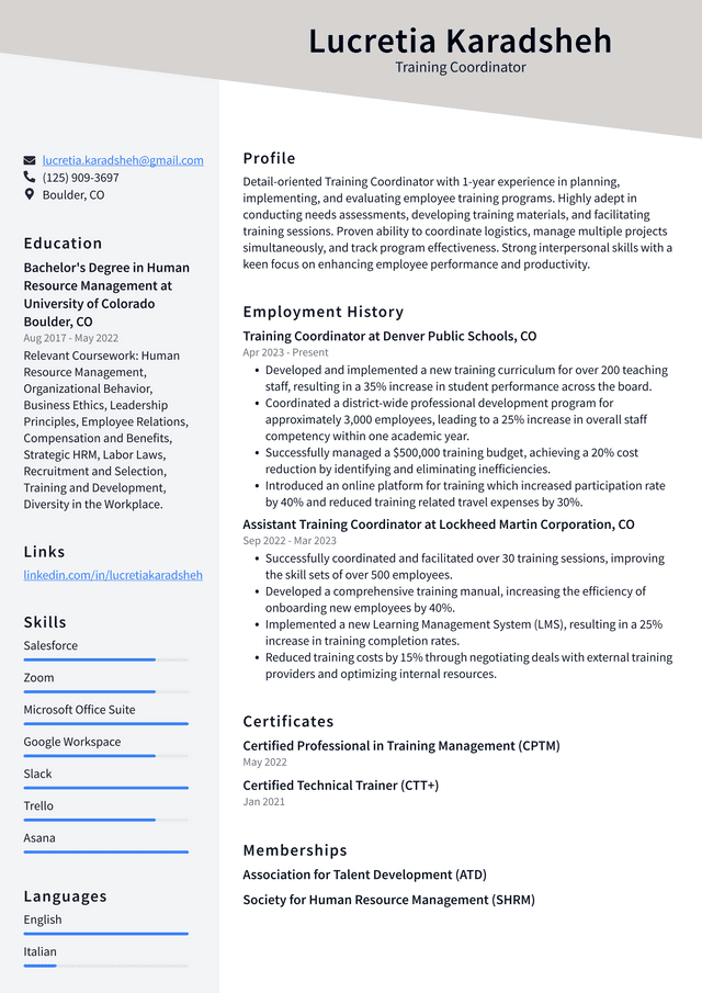 Oracle Training Coordinator Resume Example