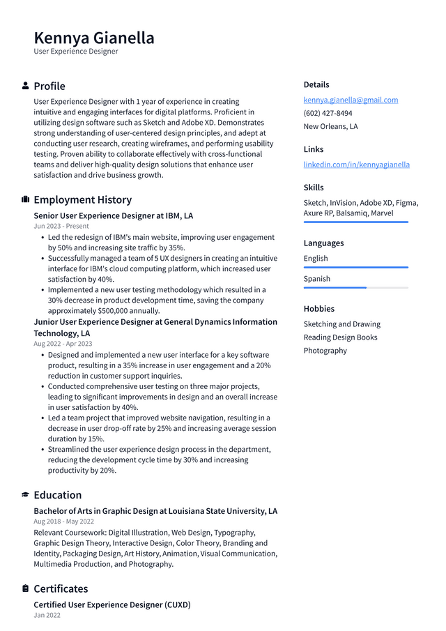 Oracle User Experience Designer Resume Example