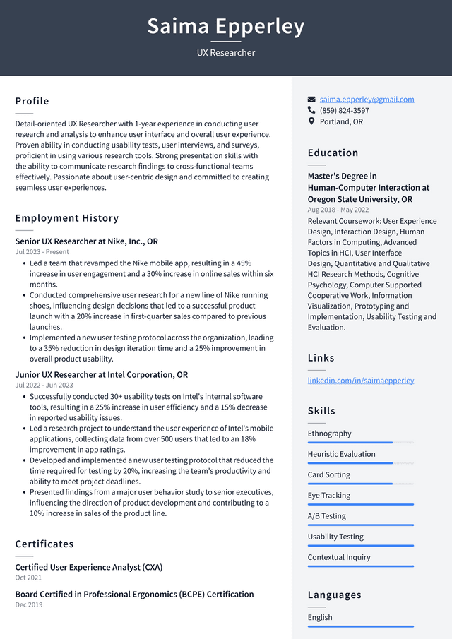 Oracle UX Researcher Resume Example