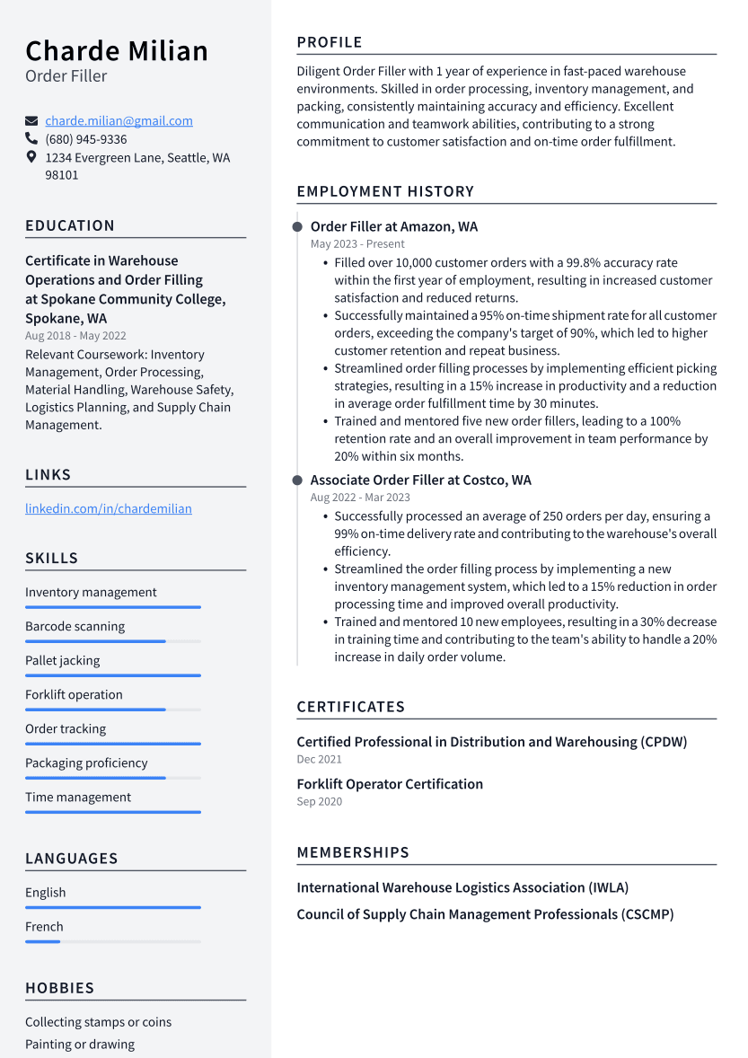 Order Filler Resume Example