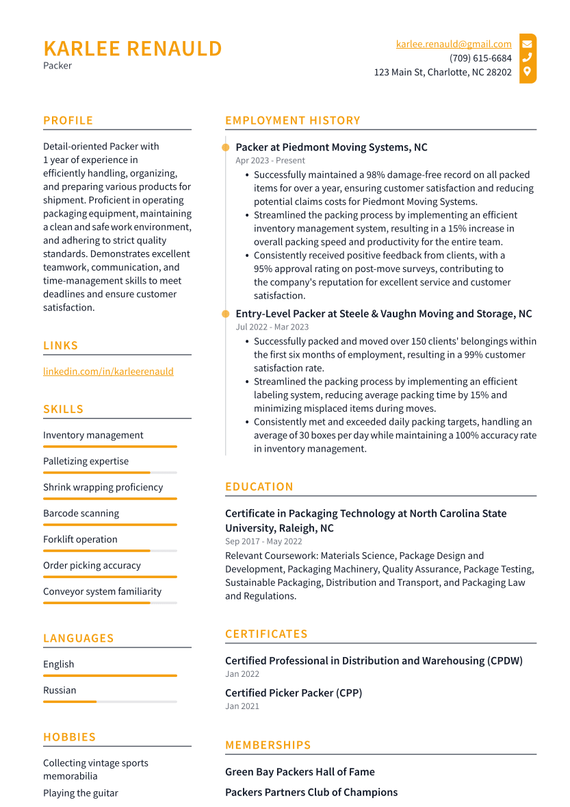 Packer Resume Example