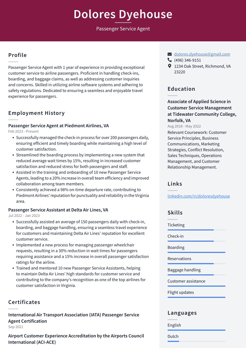 Passenger Service Agent Resume Example