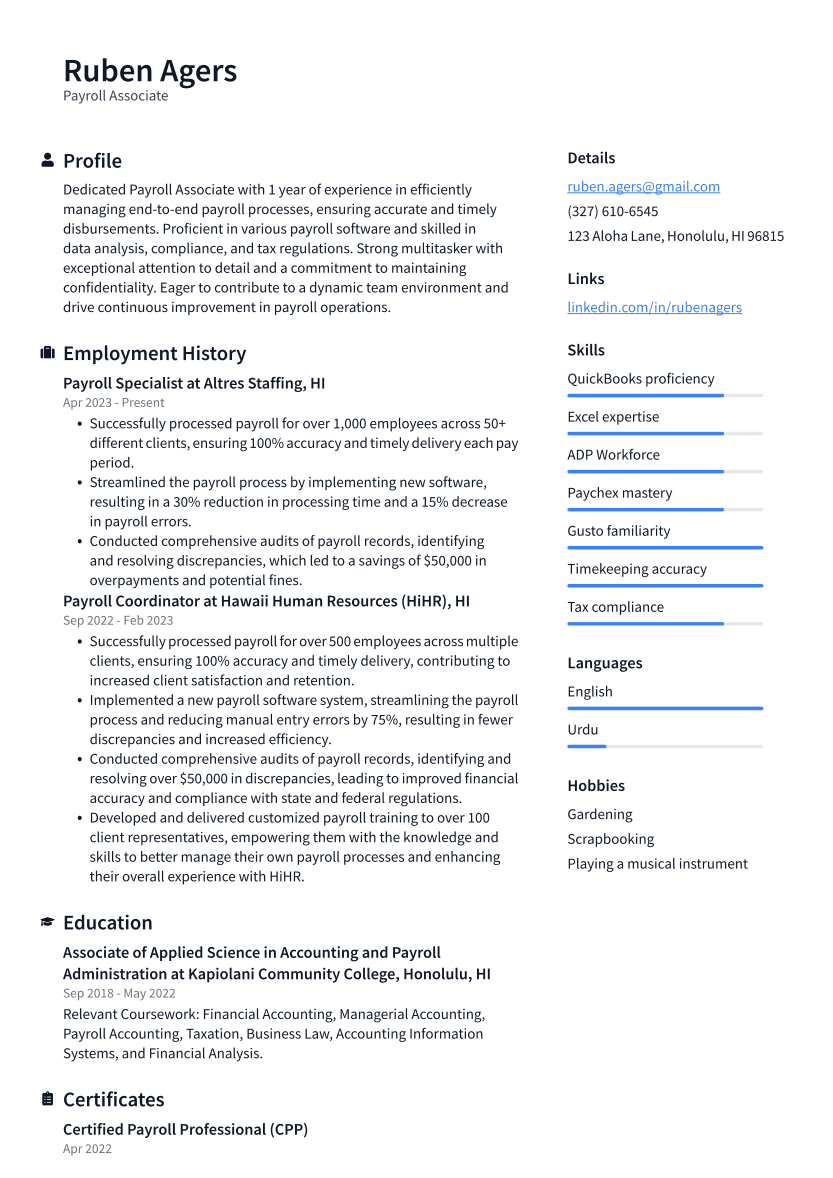 Payroll Associate Resume Example