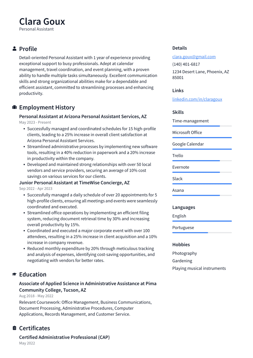 Personal Assistant Resume Example