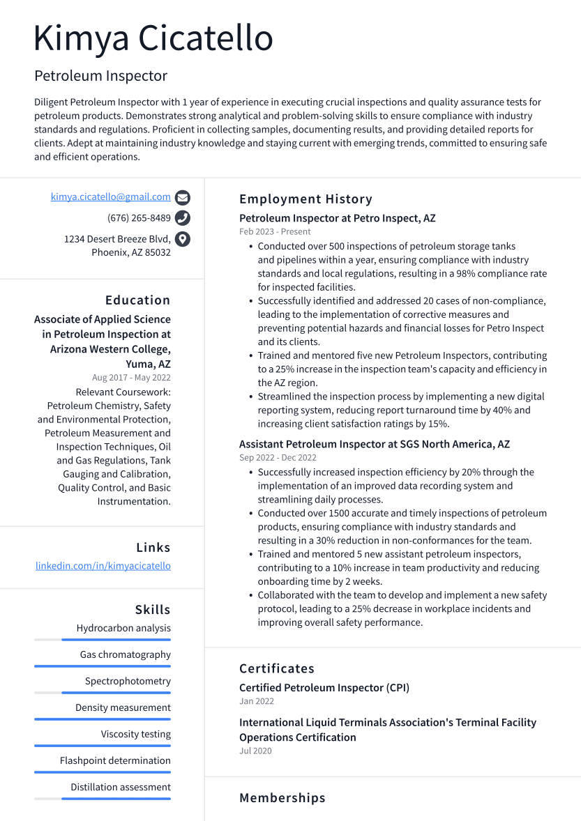 Petroleum Inspector Resume Example