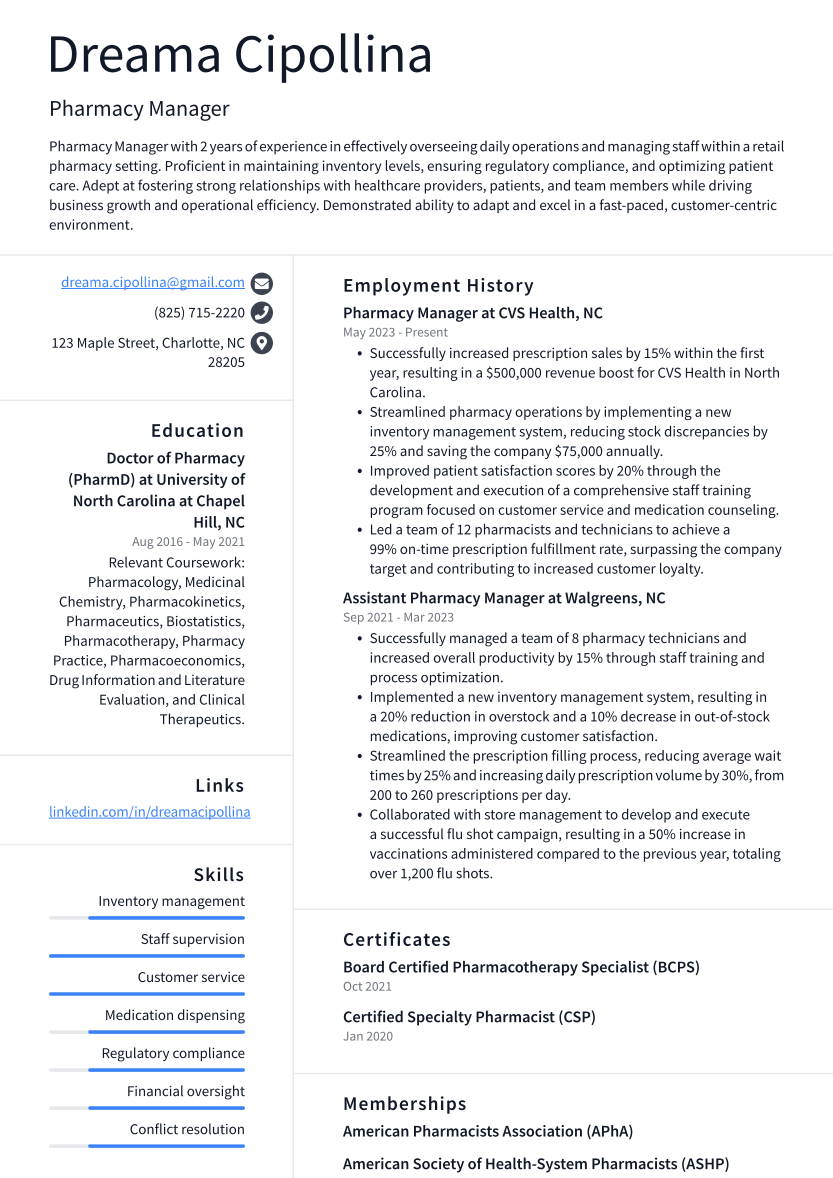 Pharmacy Manager Resume Example