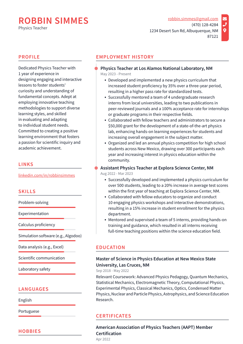 physics teacher resume template