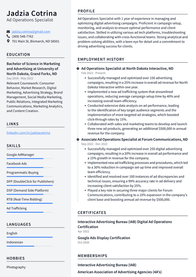 Pinterest Ad Operations Specialist Resume Example