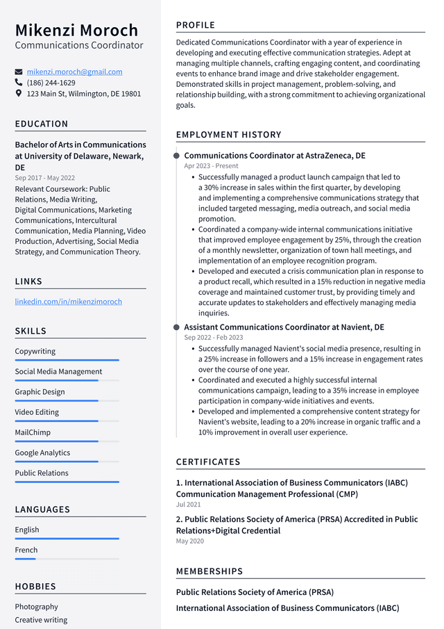 Pinterest Communications Coordinator Resume Example