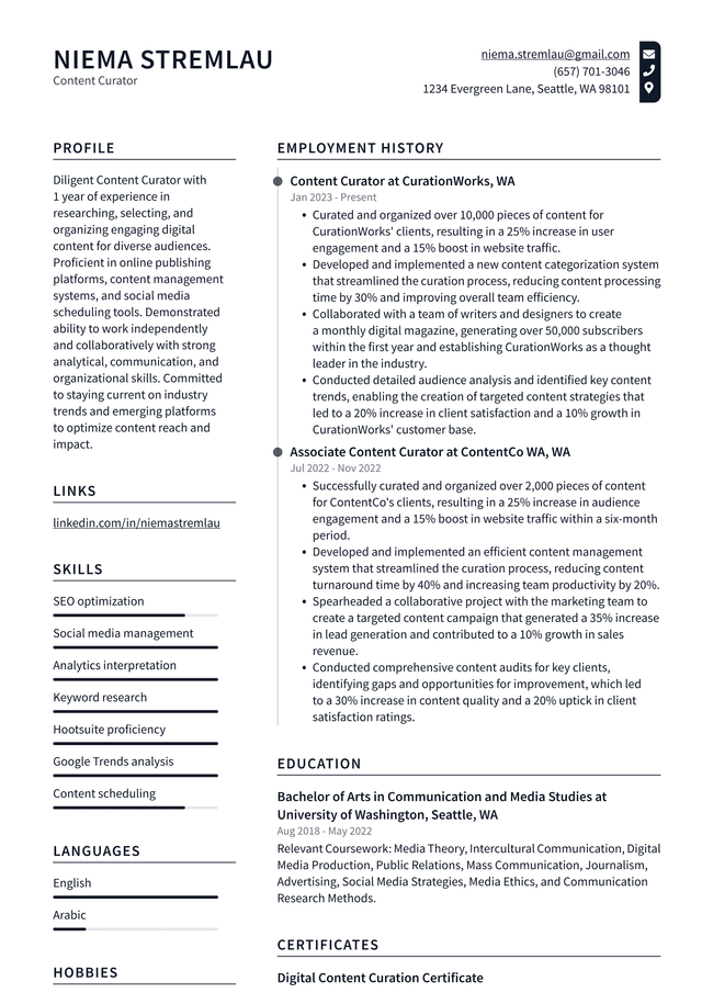 Pinterest Content Curator Resume Example