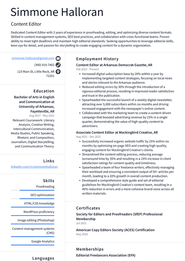 Pinterest Content Editor Resume Example