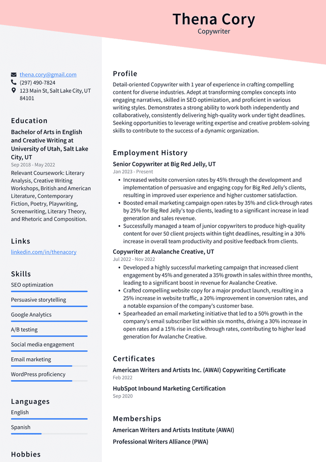 Pinterest Copywriter Resume Example