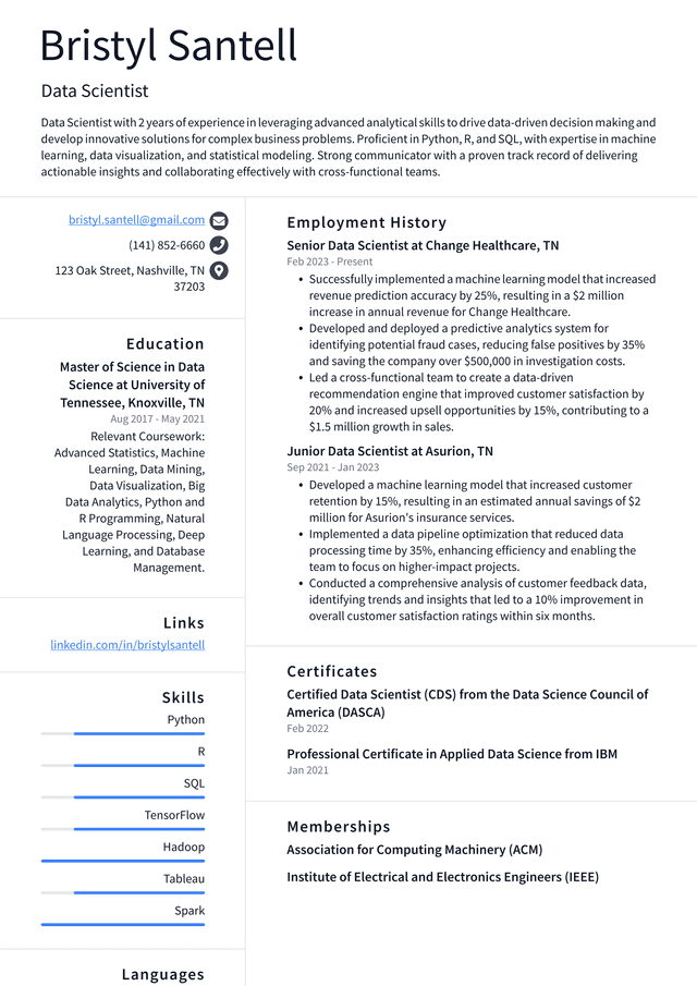 Pinterest Data Scientist Resume Example