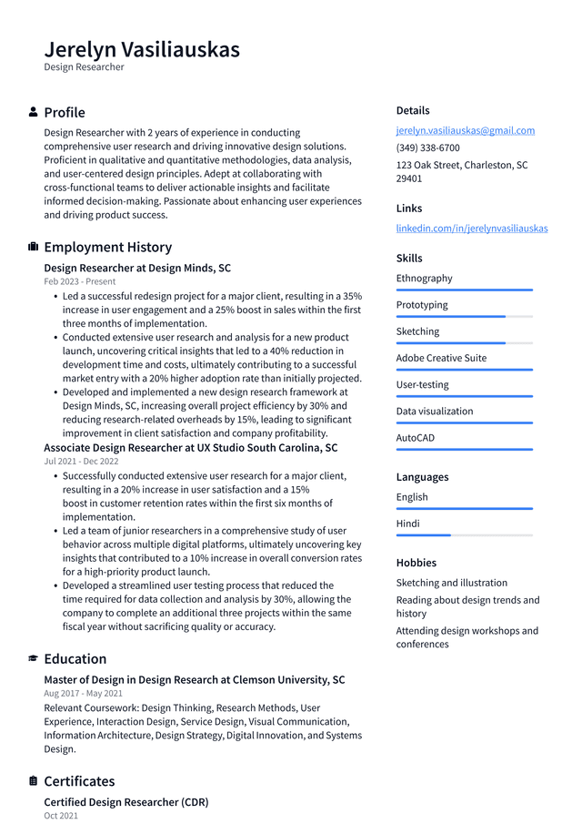 Pinterest Design Researcher Resume Example