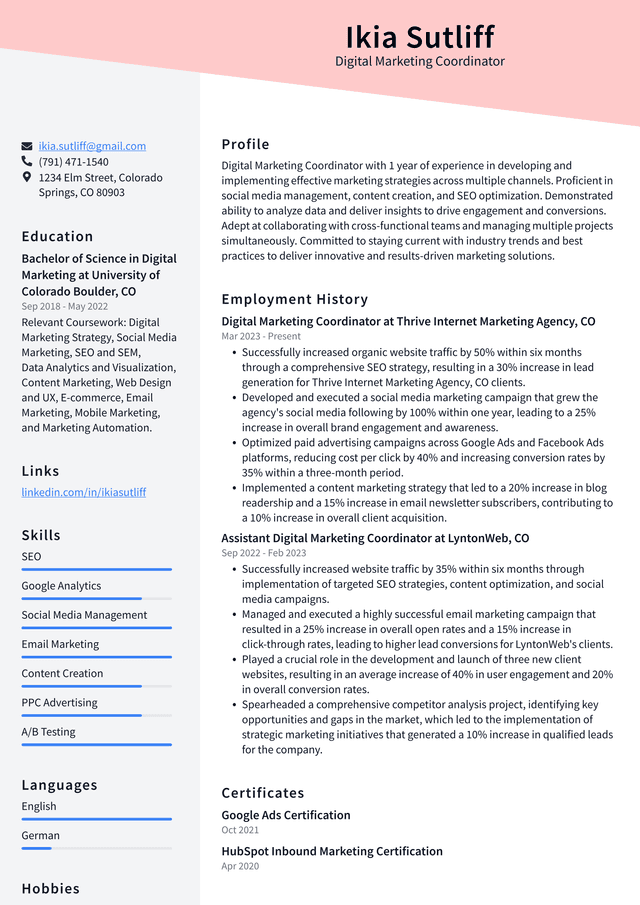 Pinterest Digital Marketing Coordinator Resume Example